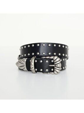 NWT GOOD AMERICAN M/L Studded Black Gold Vegan Leather Metal Buckle Belt Cowgirl